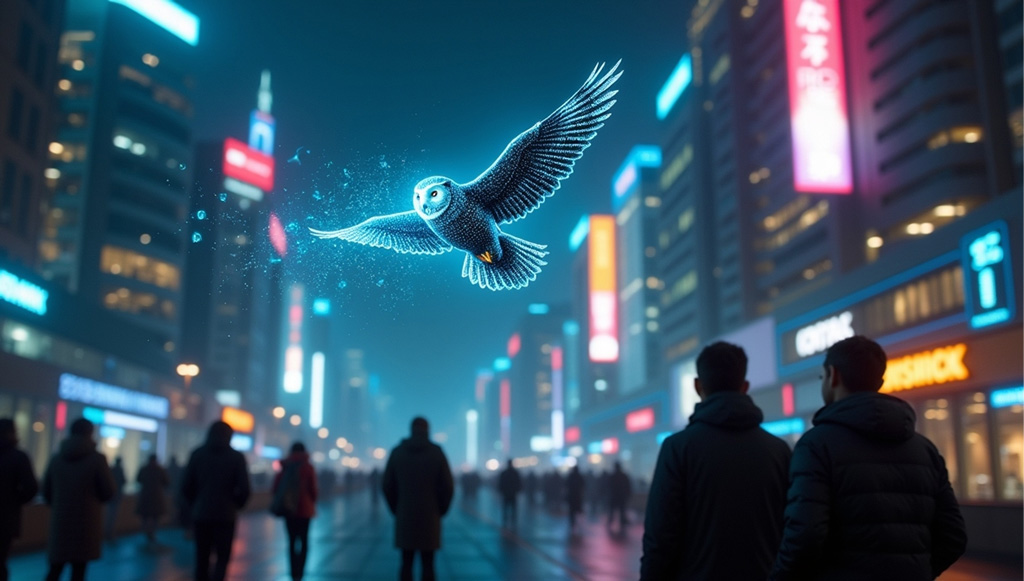 A flying owl in the night city