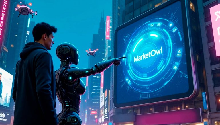 a-man-and-a-robot-in-the-city-of-the-future-point-to-a-large-screen-on-the-wall-of-a-skyscraper-with-the-marketowl-logo-on-it