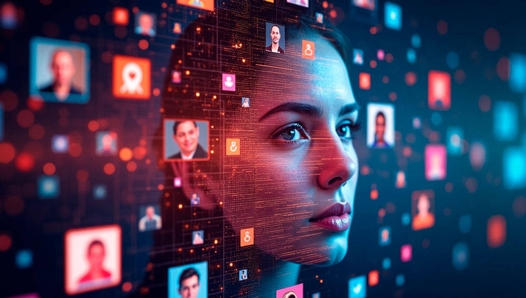 the girl looks at the panel with people's faces the girl looks at the panel with people's faces